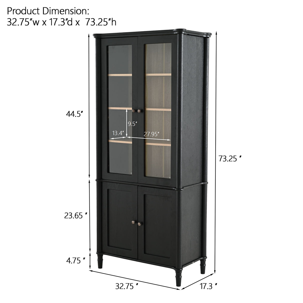 Vintage Display Cabinet With Double Glass Doors, Traditional Style For Collectibles, Ash Wood Veneer, 73.25" Tall - Black / Natural