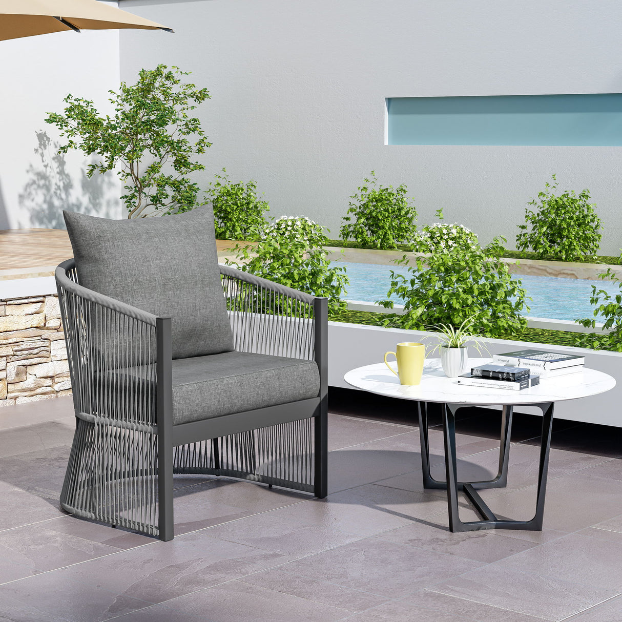 Modern Curved Aluminum Lounge Chair With Stylish Rope Weave Design And Cushioned Comfort For Outdoor