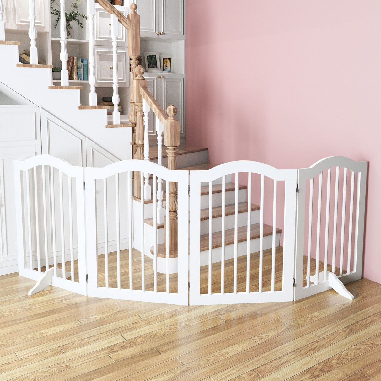 4 Panel Freestanding Pet Gate With Foldable Design And Support Feet - White