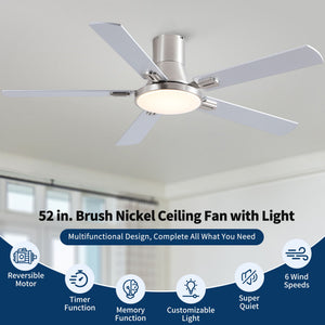 Flush Mount Ceiling Fans With LED Light And Remote Control, 5 Blades