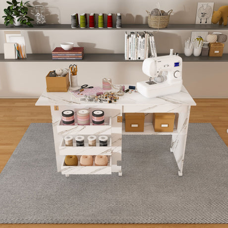 4 In 1 Folding Sewing Table With Lockable Wheels, Multi Functional Craft Station - White