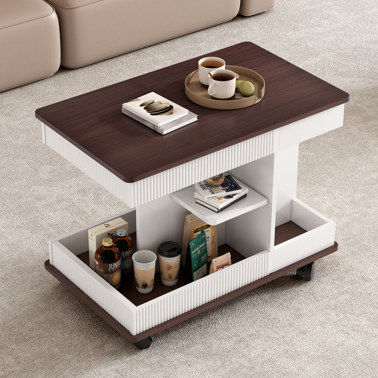 Adjustable End Table With Wheels, 360°Rotating Top And Storage Space