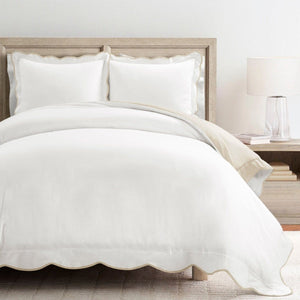 LushDecor Coastal Chic Scalloped Edge 100% Cotton Reversible Duvet Cover Set in White_Neutral