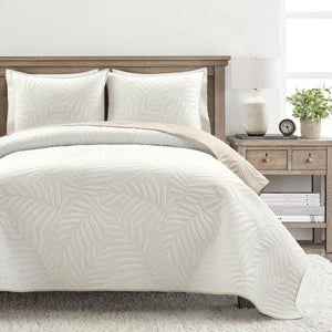 LushDecor Isla Embroidered Leaf Reversible Cotton Quilt 3 Piece Set