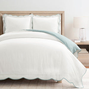 LushDecor Coastal Chic Scalloped Edge 100% Cotton Reversible Duvet Cover Set in White_Blue