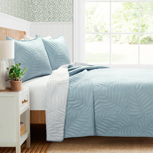 Isla Embroidered Leaf Reversible Cotton Quilt 3 Piece Set