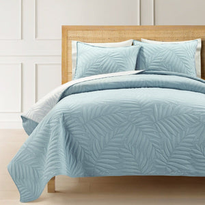 LushDecor Isla Embroidered Leaf Reversible Cotton Quilt 3 Piece Set in Blue/White