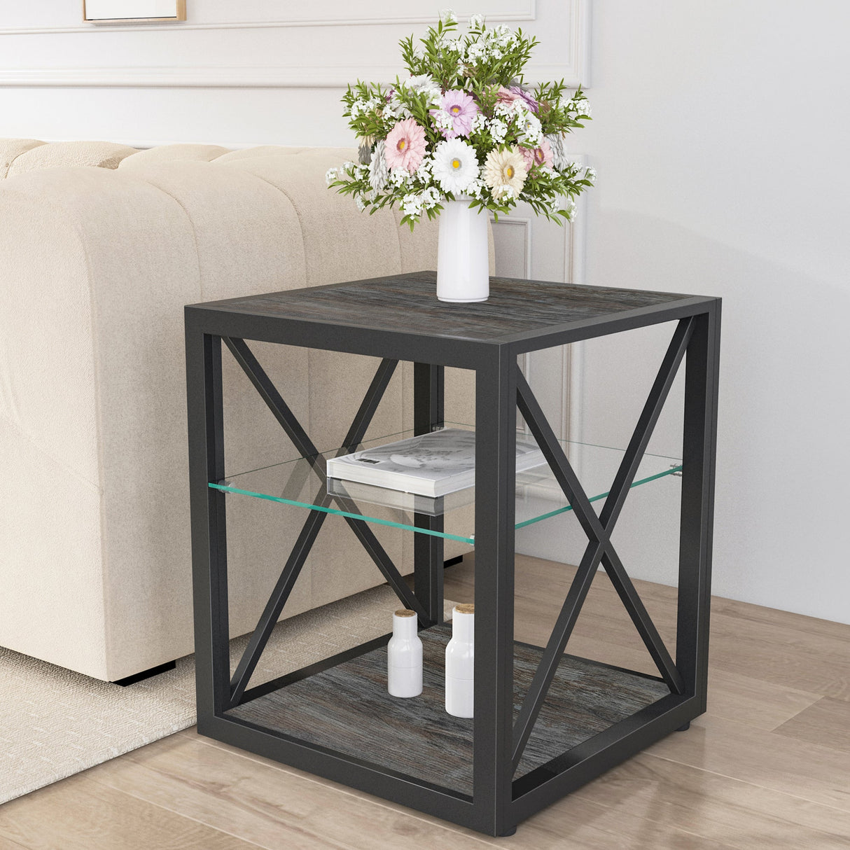 Modern End Table Nightstand with Tempered Glass & Wood Grain MDF