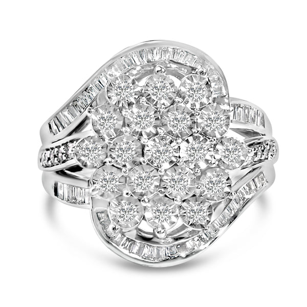 Sterling Silver 1.0 Cttw Diamond Swirl Cluster Cocktail Ring