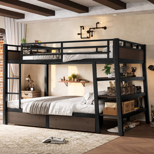 Full Size Metal Bunk Bed with Storage Shelves and USB Power Strip