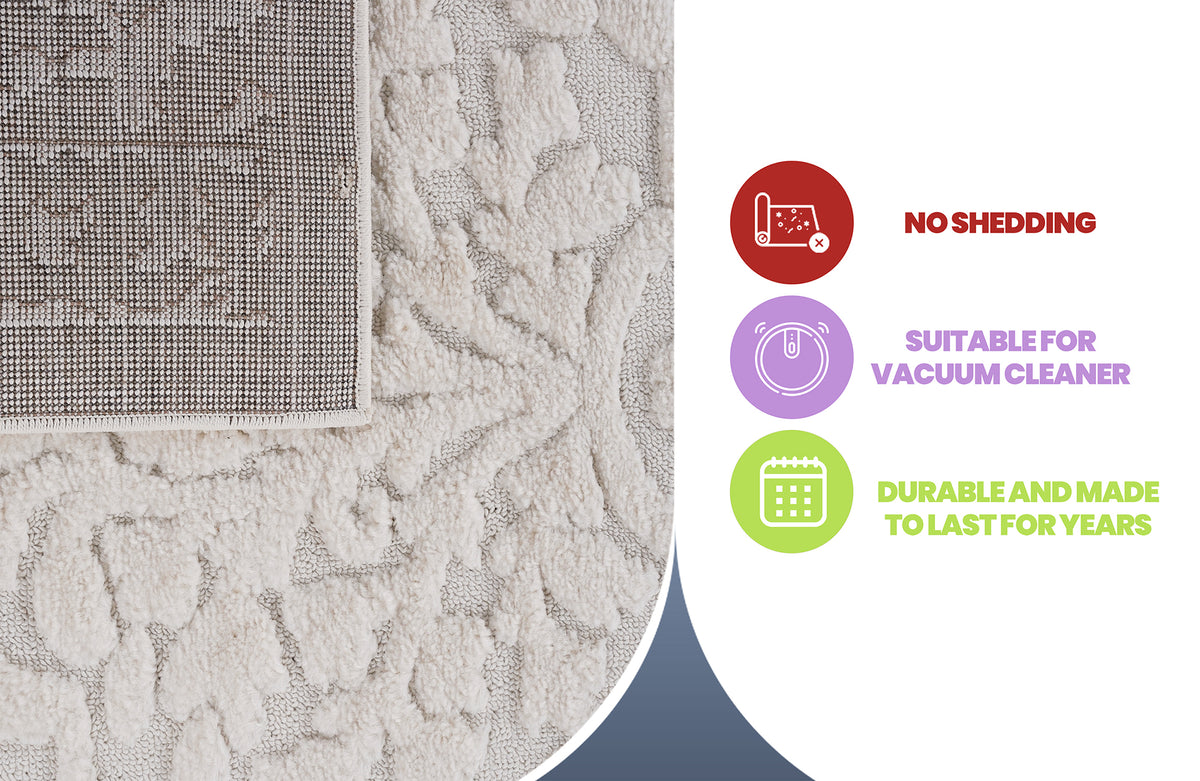 Cream Medallion Area Rug with High-Low Pile - 6'7" x 9"