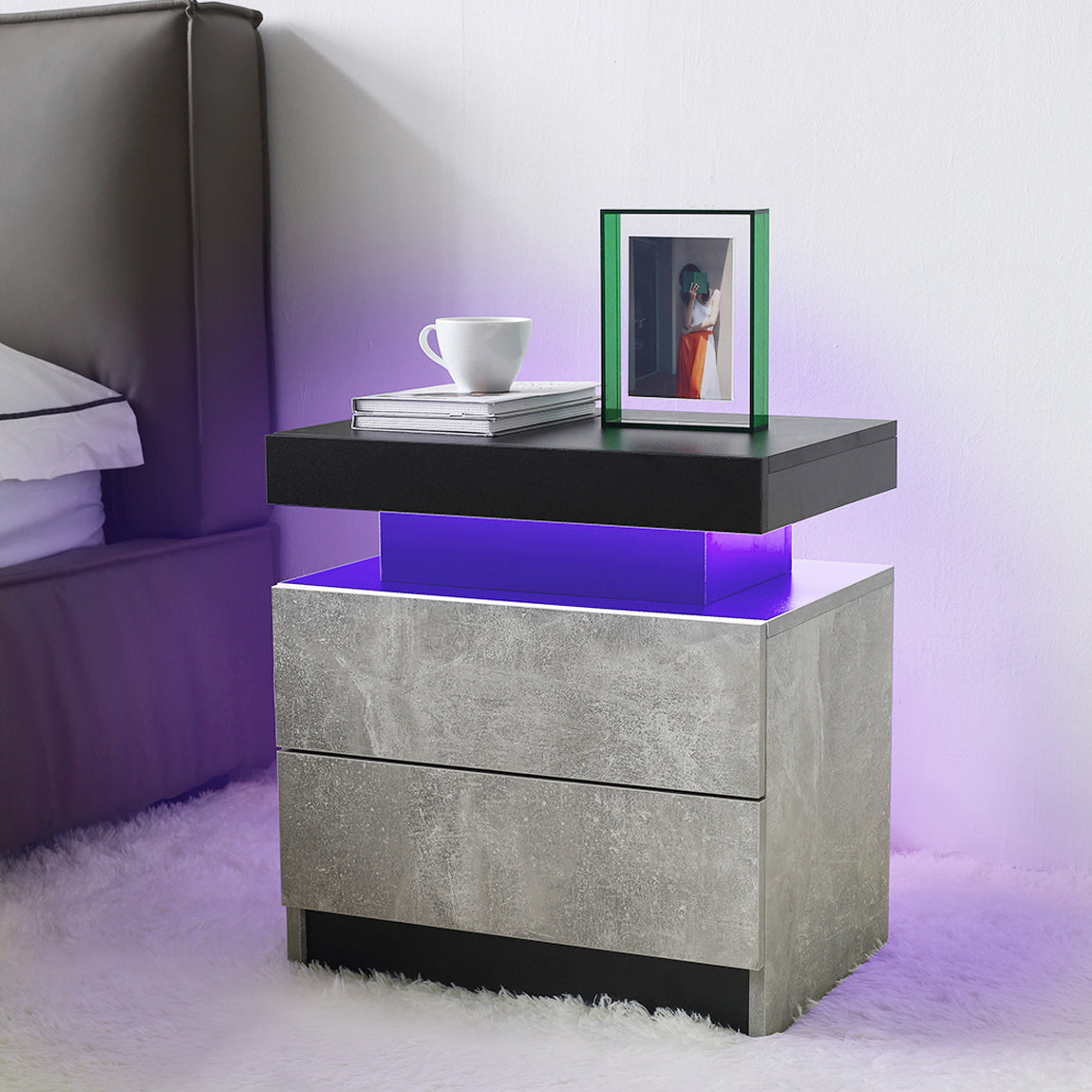 Modern LED Nightstand with 2 Drawers for Bedroom