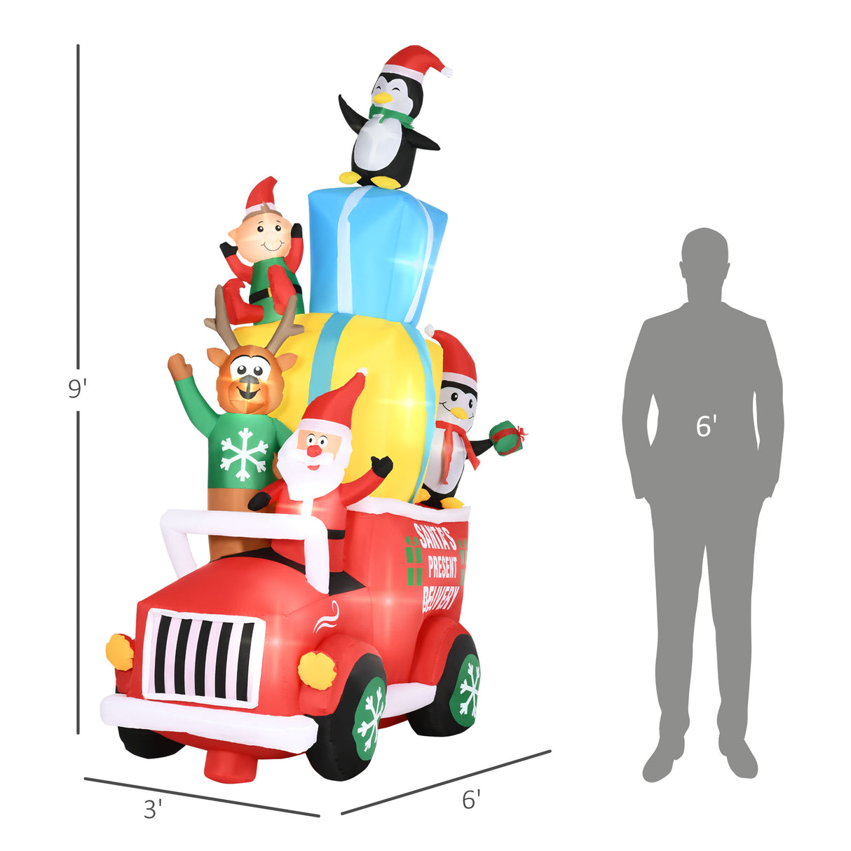 Inflatable Santa Gift Delivery Truck with Elf, Reindeer & Penguins