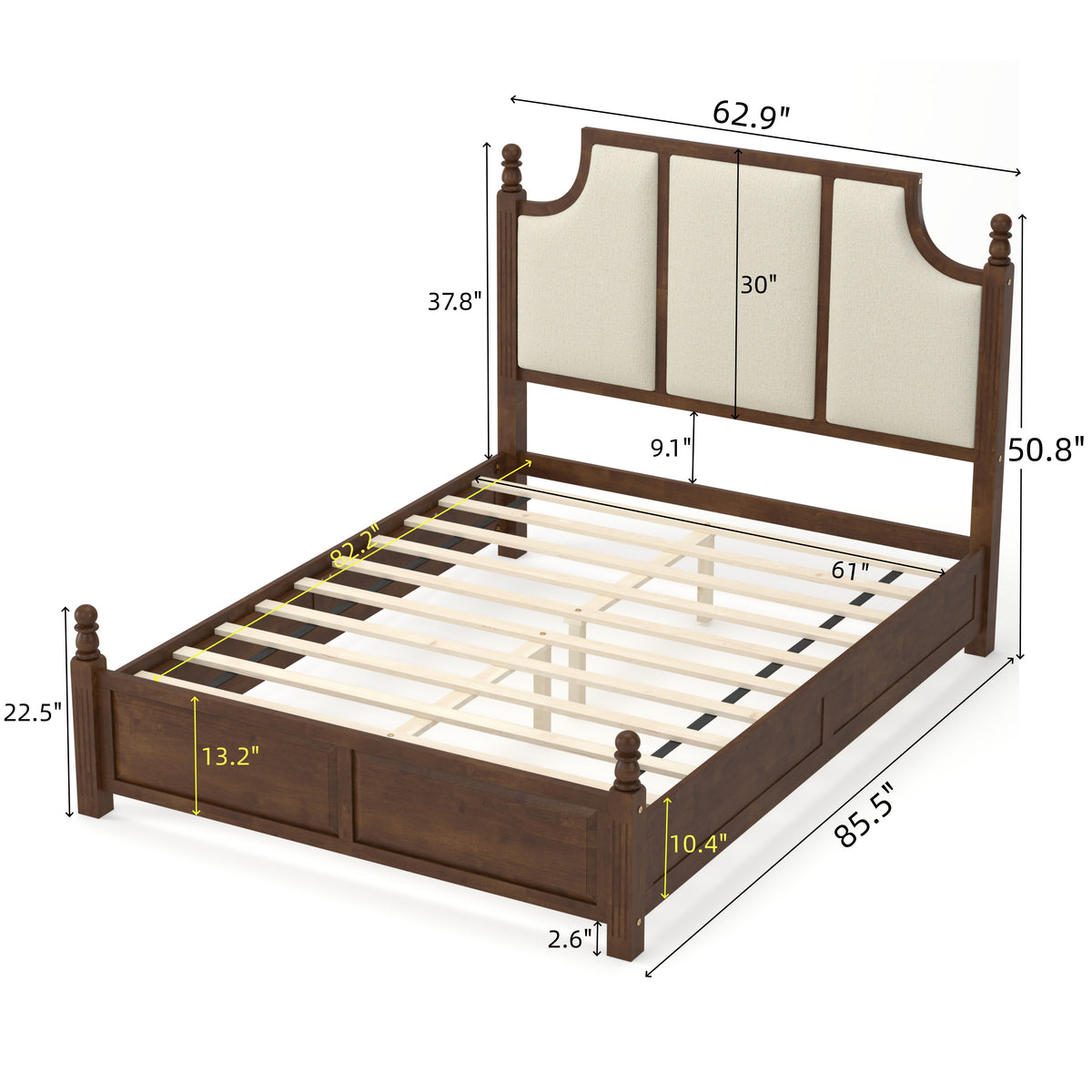 Queen Size Farmhouse Solid Wood Platform Bed Frame, with 50.8" Tall