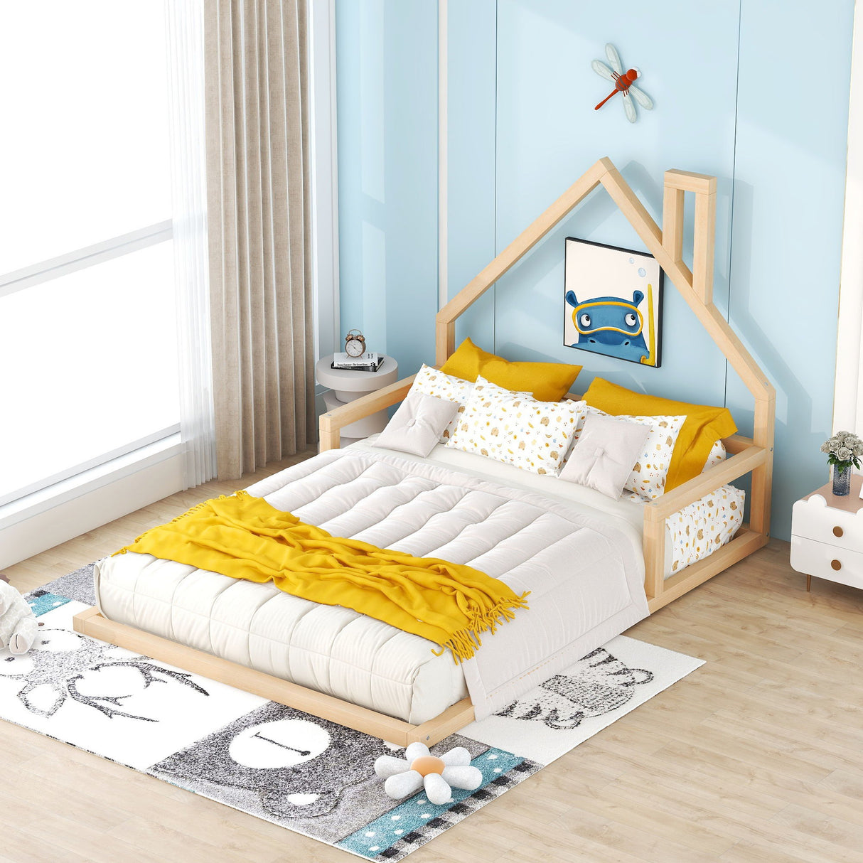 Elegant Floor Bed With House Shaped Headboard