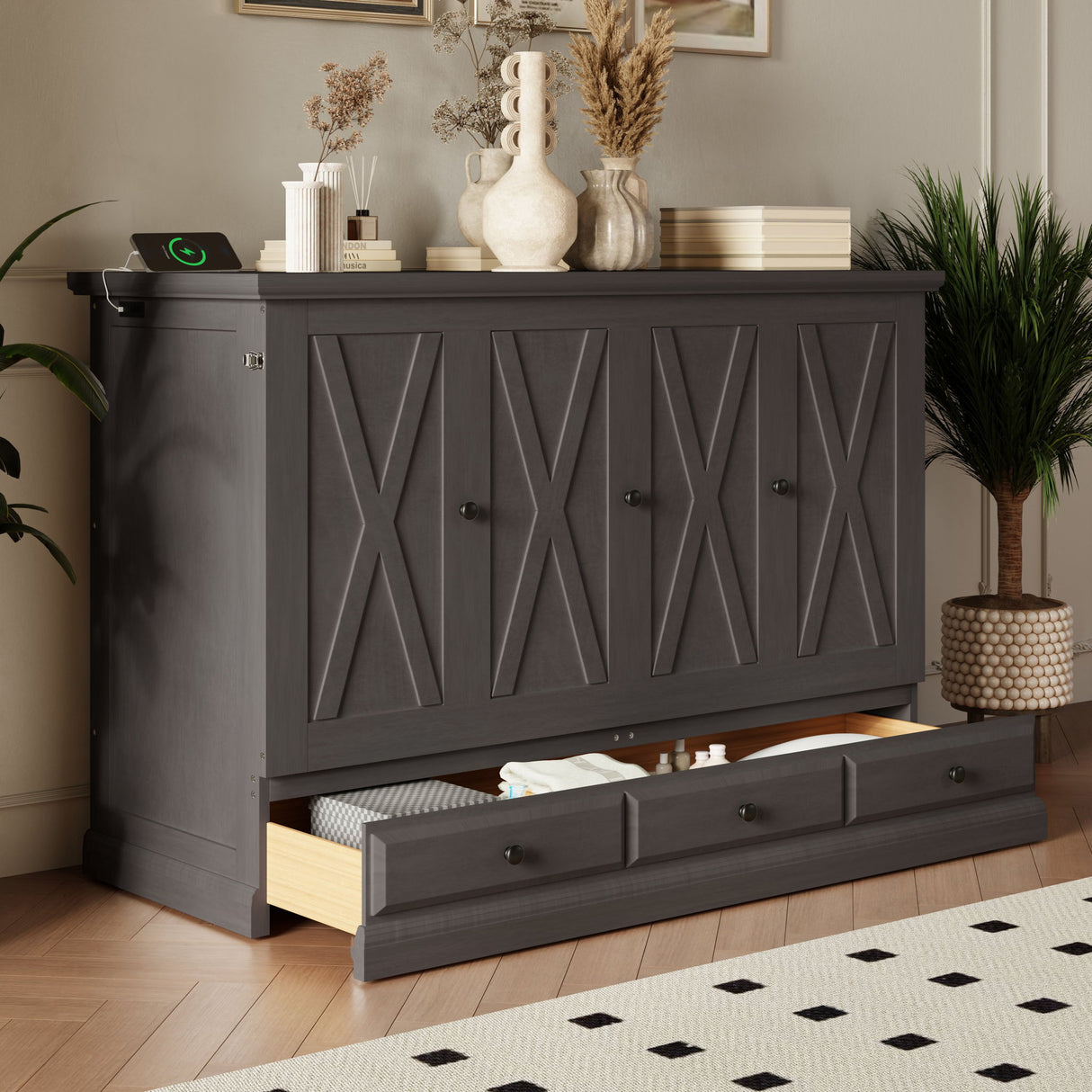 Murphy Bed Chest Cube Cabinet With Charging Station And Large Storage Drawer