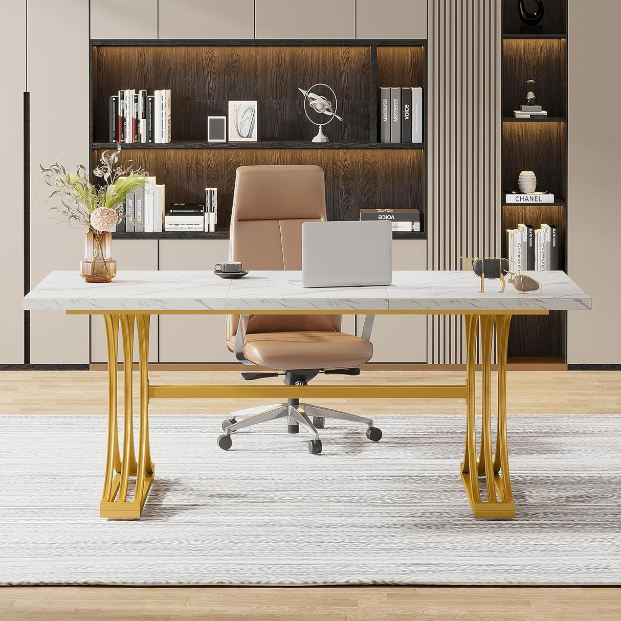 Executive Desk With X-Legs, Sturdy Office Workstation For Home Office - White / Gold
