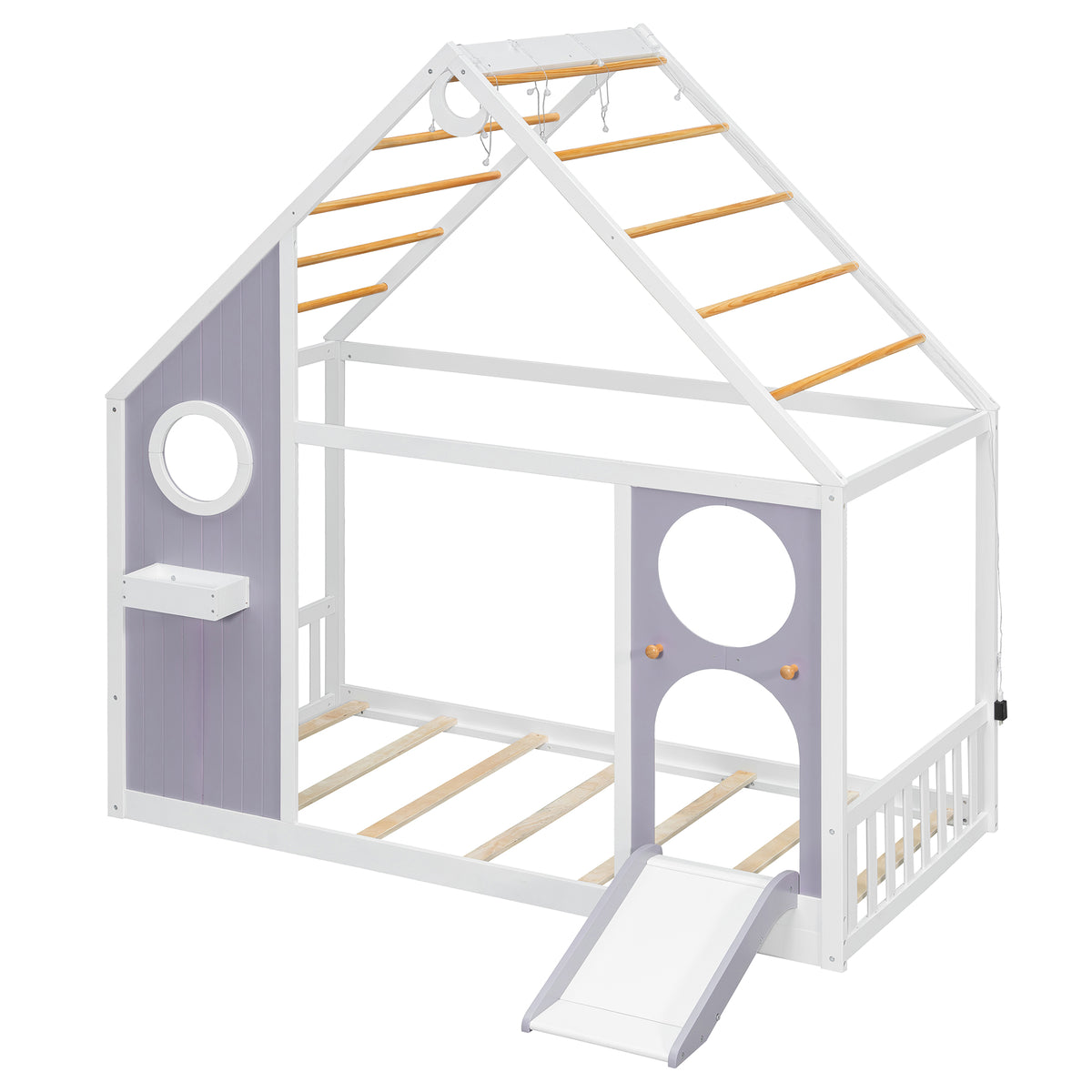 Twin House Bed with Slide and Light Strip