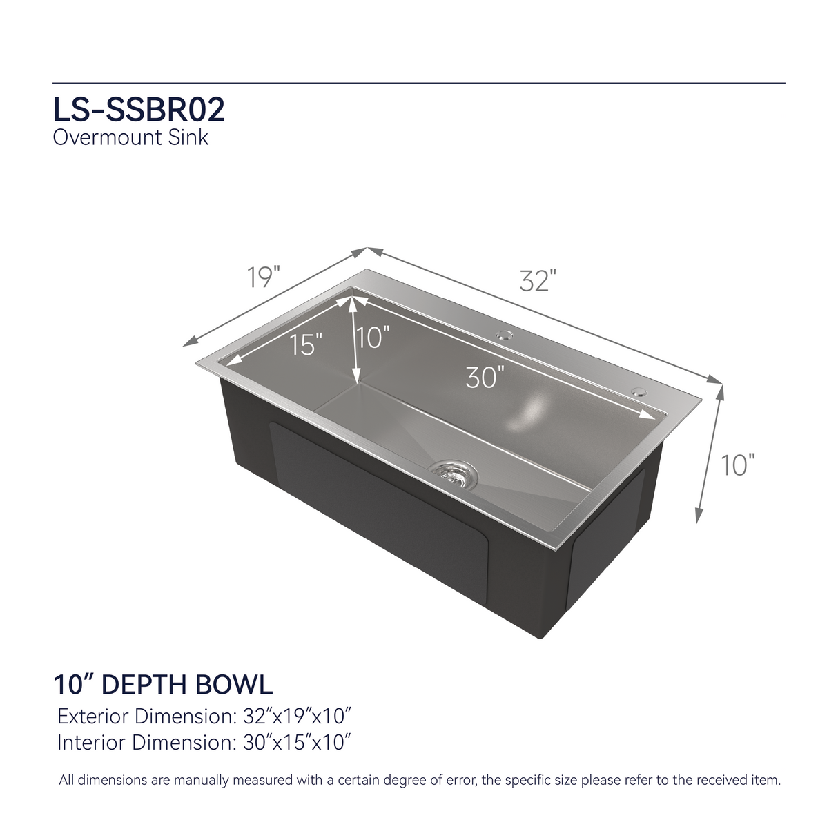 Stainless Steel Kitchen Sink, 32"x19" Single Bowl, Overmount Handmade Brushed Nickel