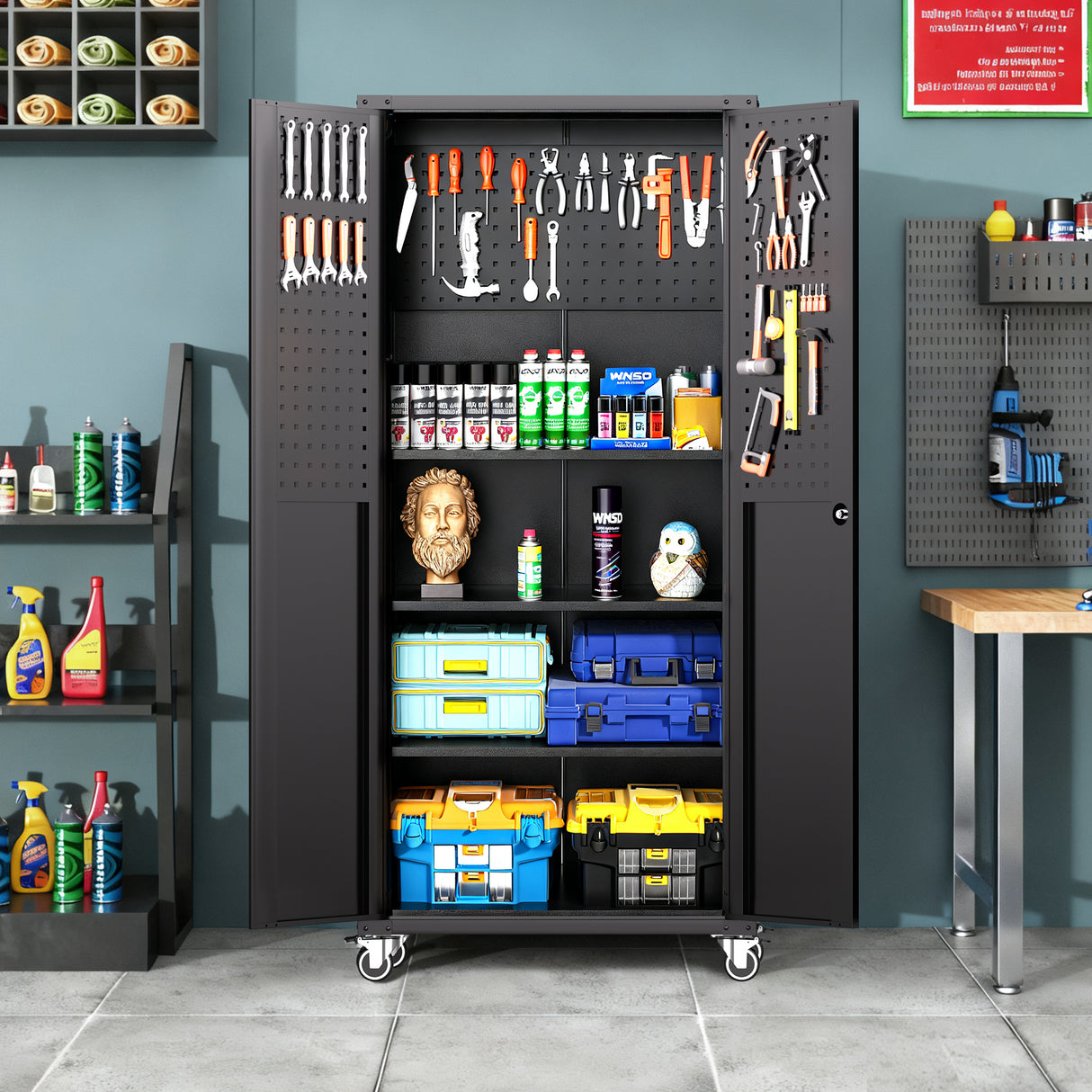 71" All-Black Metal Garage Storage Cabinet with Wheels