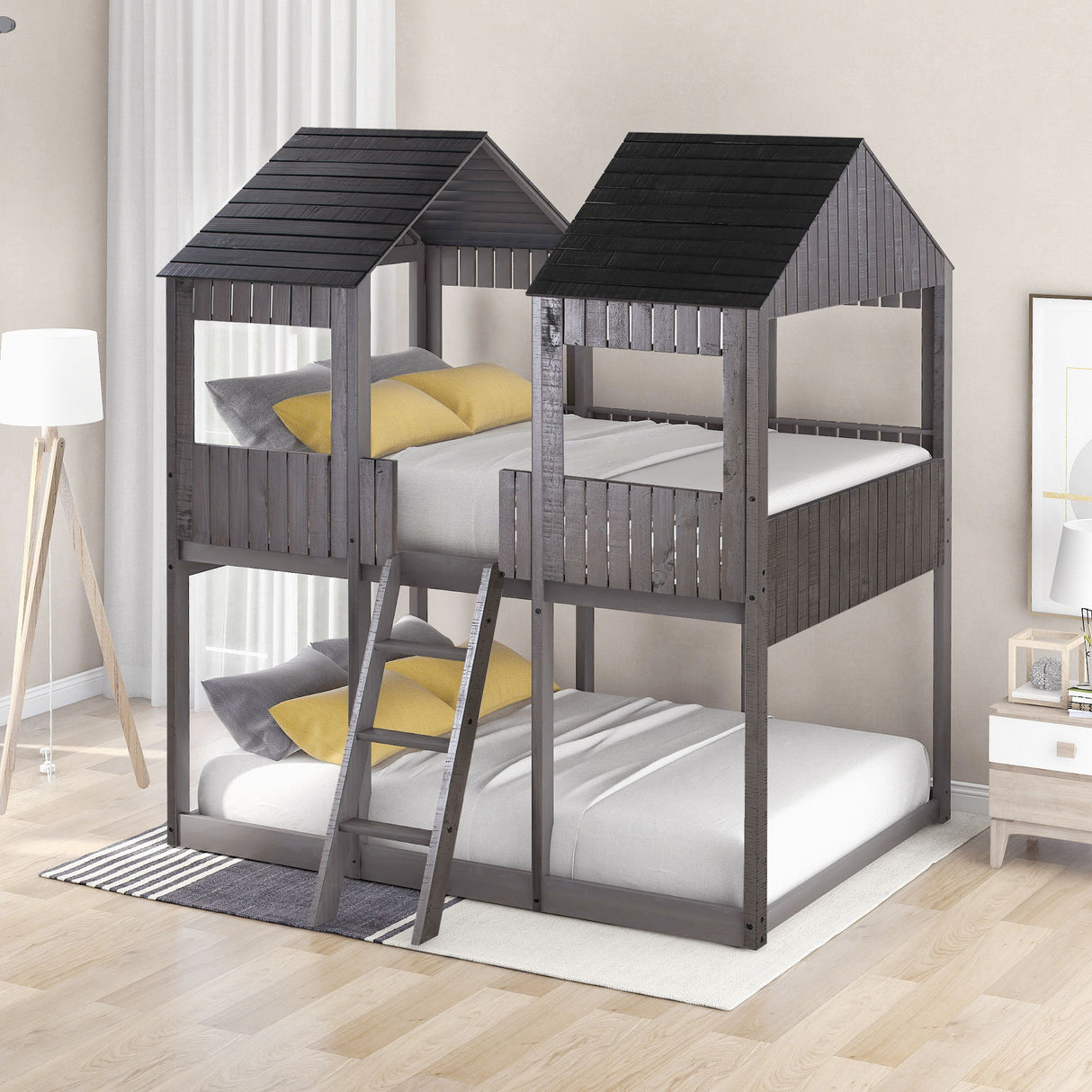 Bunk Bed With Roof, Window, Guardrail, Ladder
