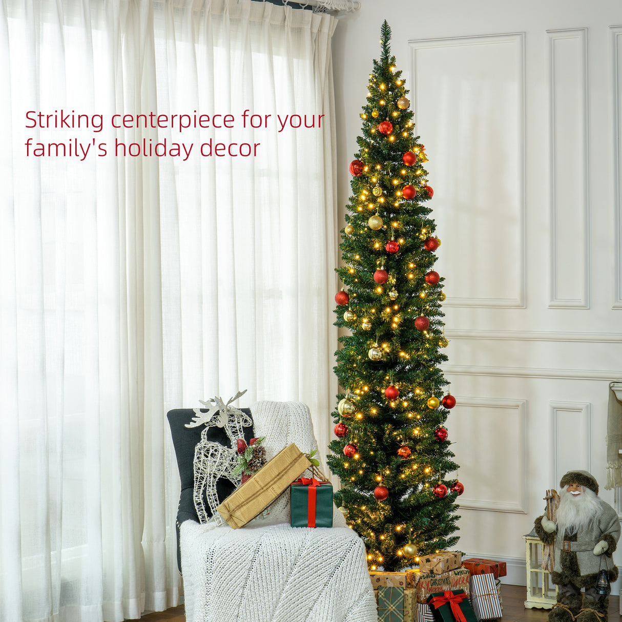 HOMCOM 8' Tall Pre-Lit Slim Noble Fir Artificial Christmas Tree