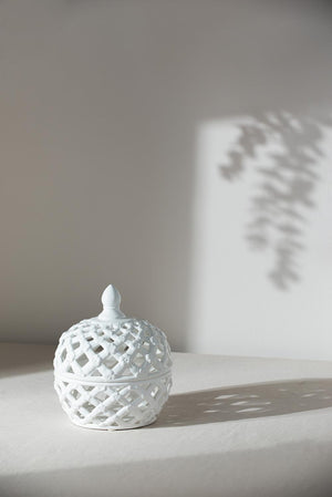 Decorative White Glazed Ceramic Jar with Lattice Design