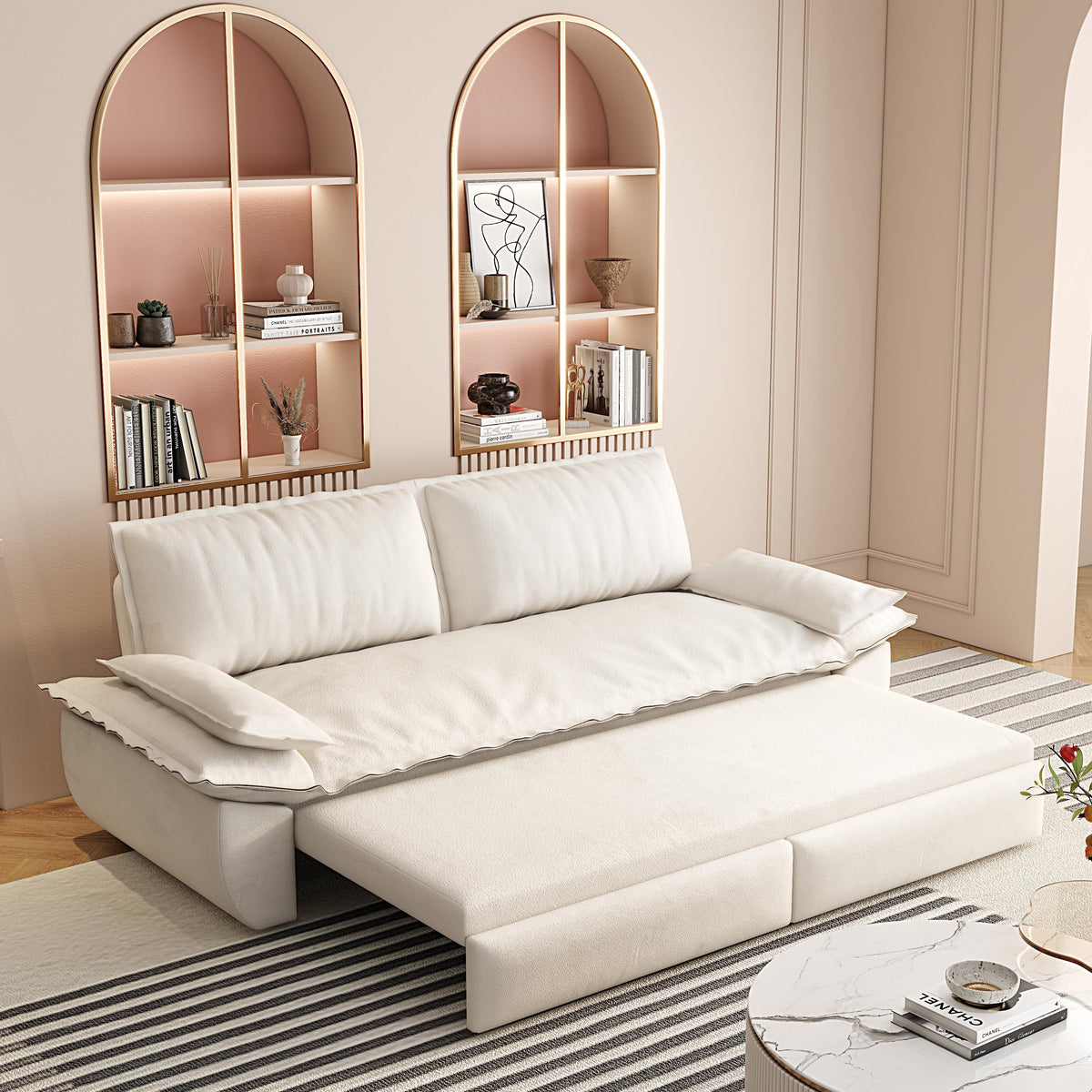 3-in-1 Convertible Velvet Sofa Bed with Queen Pull Out Sleeper - Beige/White