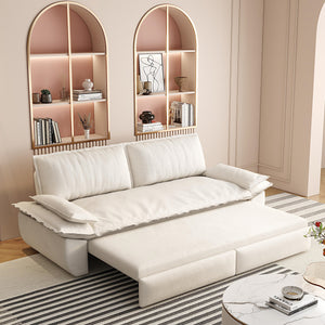 3-in-1 Convertible Velvet Sofa Bed with Queen Pull Out Sleeper - Beige/White