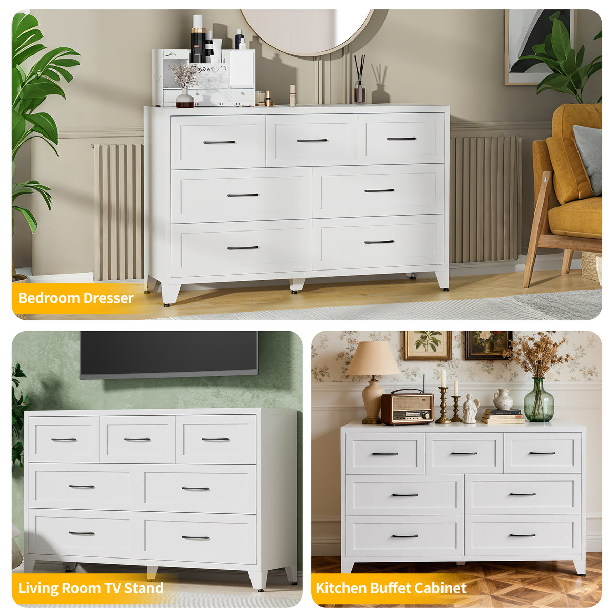 7-Drawer Dresser, Wide Low-Profile Storage Cabinet with Steel Construction