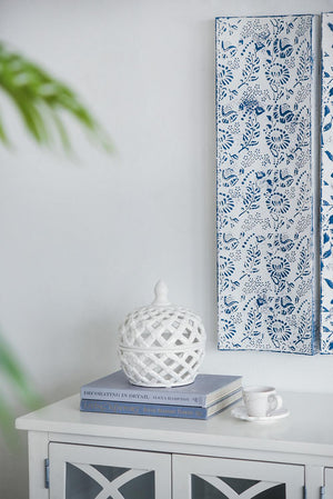 Decorative White Glazed Ceramic Jar with Lattice Design