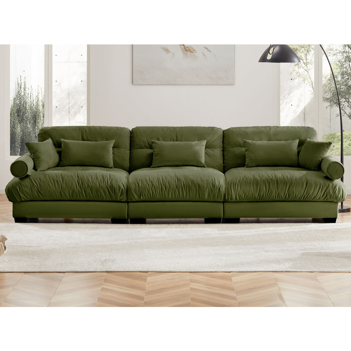 Modern Sofa With Bolstered Armrests And Pillows