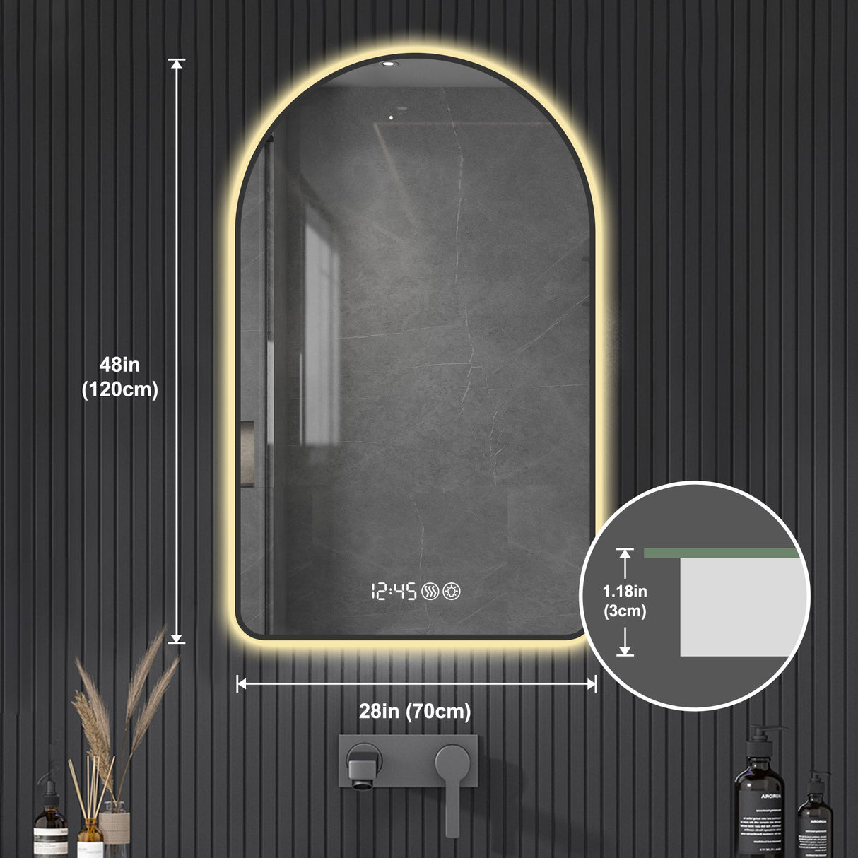 Arched LED Vanity Mirror With Time & Temperature Display, Anti-Fog, Dimmable Backlight In Frame, 3 Color Temperatures