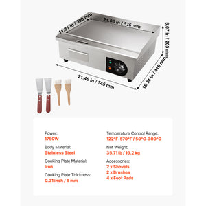 Commercial Electric Griddle, 21 x 11.8 Inch, 1750W
