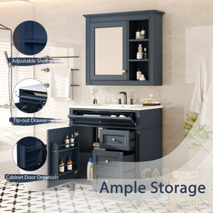 Bathroom Vanity With Top Sink, 2 Doors And 3 Drawers, Freestanding Set With Mirror Cabinet