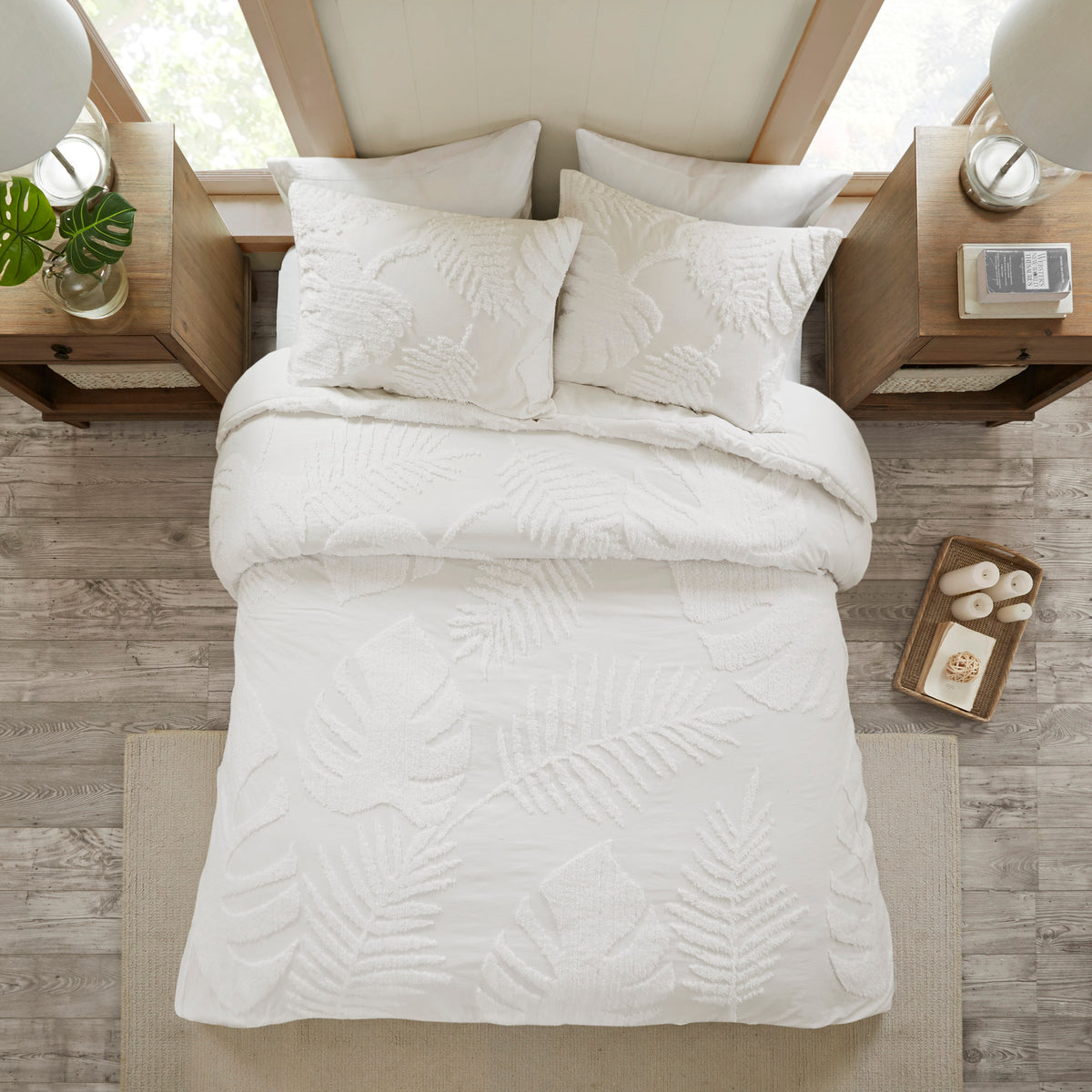 Full/Queen 3 Piece Tufted Cotton Chenille Palm Duvet Cover Set
