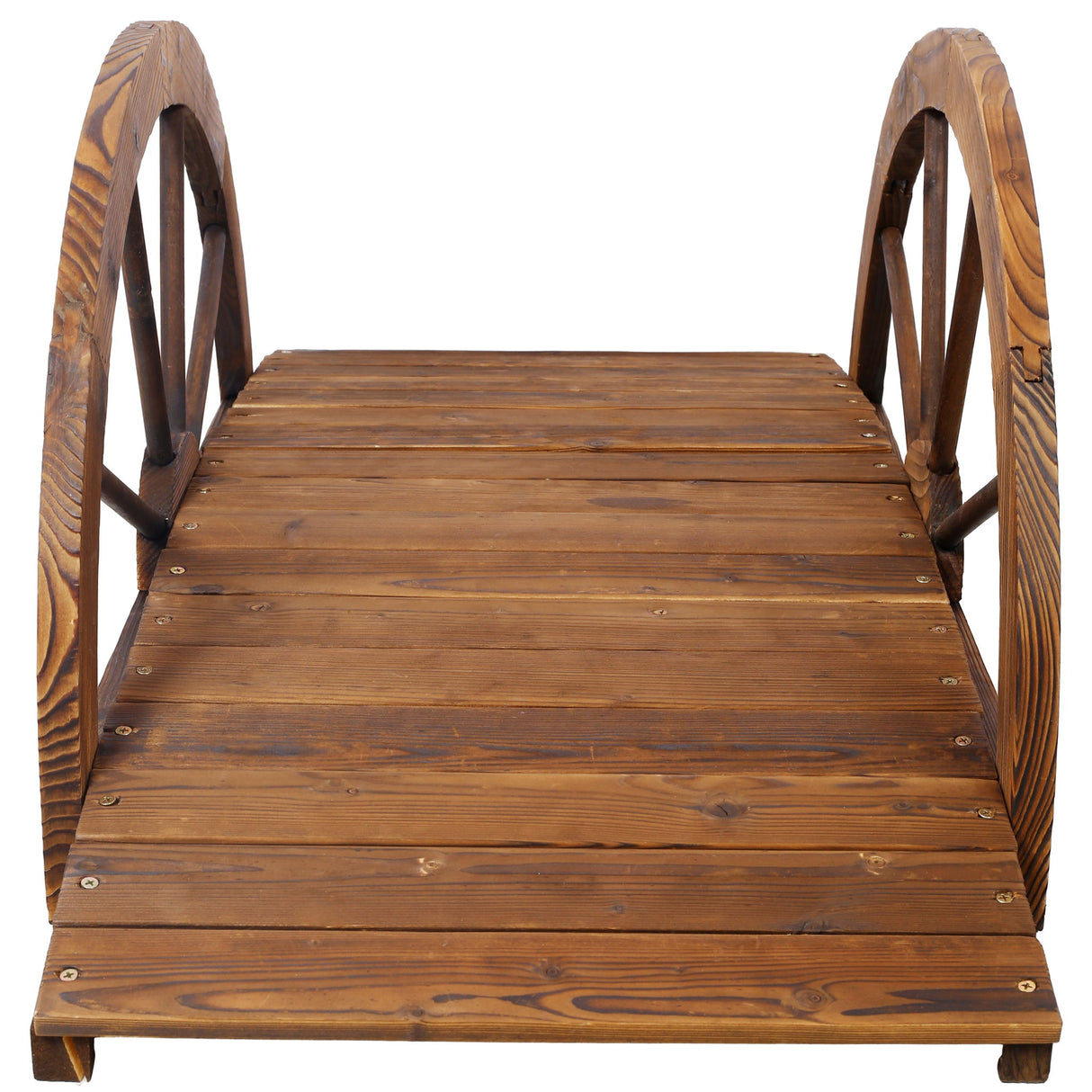 Wooden Garden Bridge Arc Footbridge With Half Wheel Railings Solid Fi - Brown