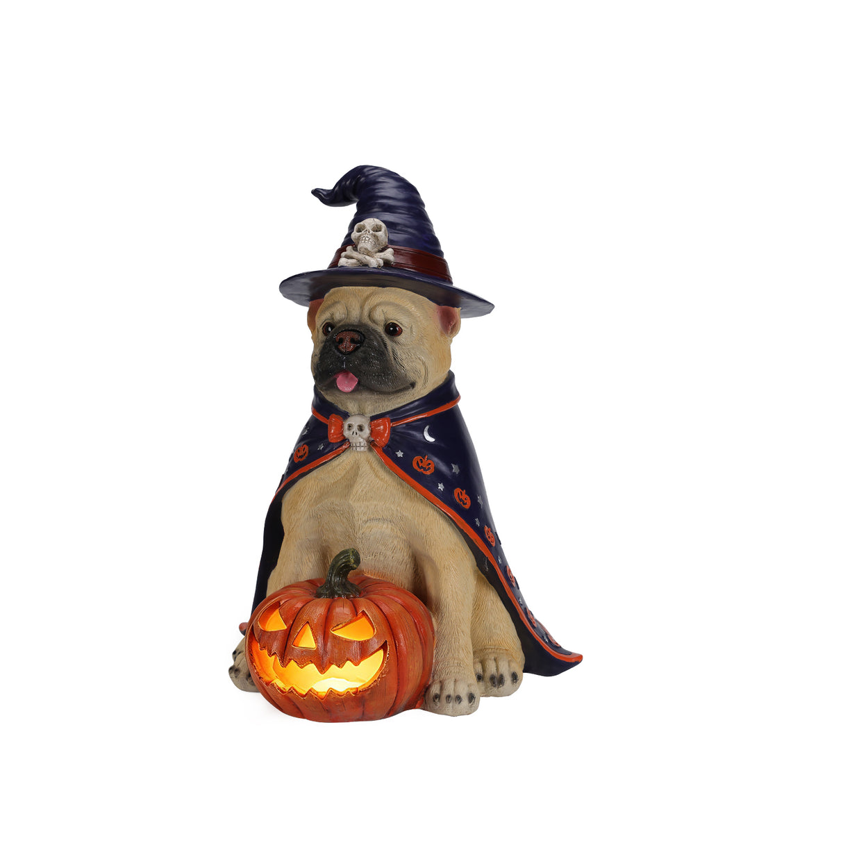 Halloween Bulldog Witch Statue, LED Light Up Jack-O-Lantern Pumpkin