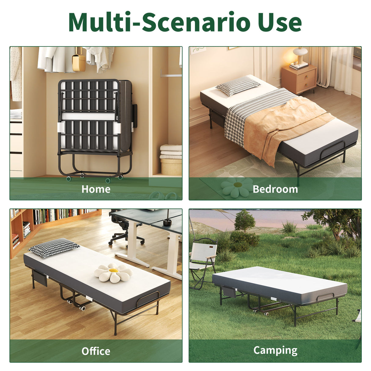 Twin Folding Bed With Memory Foam Mattress, Space Saving Rollaway Guest, On Wheels, Portable For Adults & Guests - Black