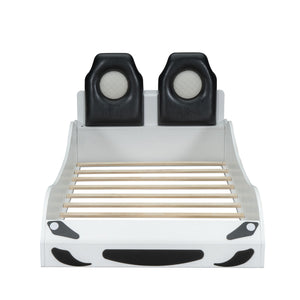 Race Car Shaped Platform Bed With LED And Upholstered Backrest In