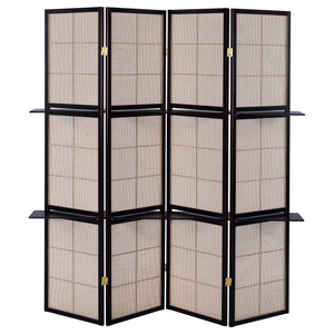 4 Panel Folding Screen With Shelves - Brown