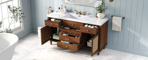 60-Inch Bathroom Vanity with SMC Sink, Brown Solid Wood and MDF, Soft-Close Drawers