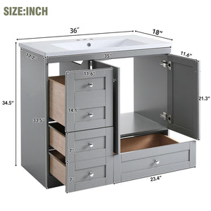 36 Inch Shaker Style Free-Standing Bathroom Vanity Cabinet with Sink