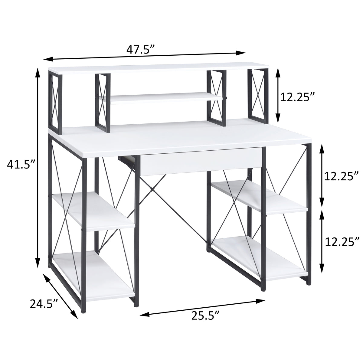 White and Black Recording Studio Desk with Drawer - Wood & Metal