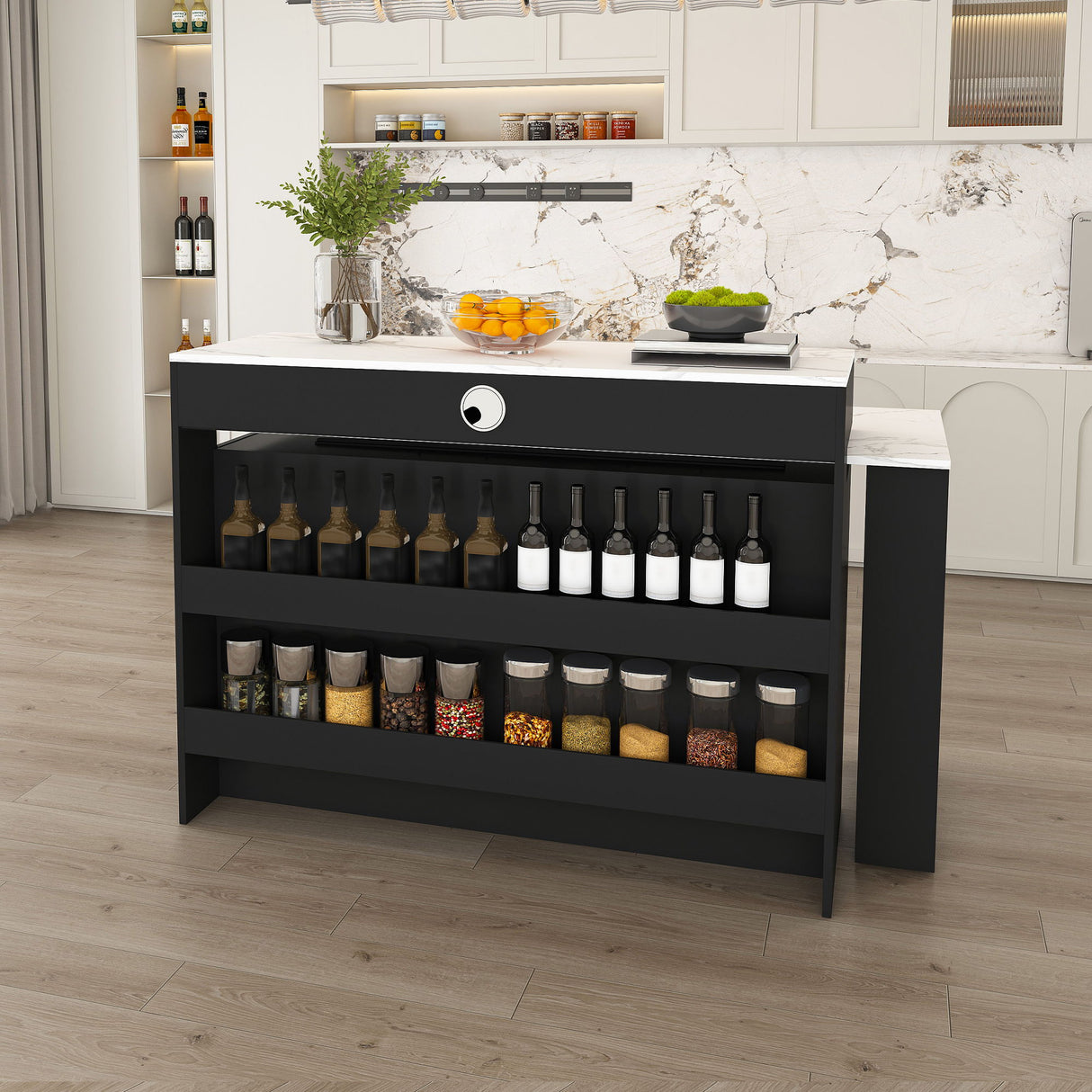 Kitchen Island With Extendable Rotating Table, 4 Drawers & Glass Door Cabinets, Built In Socket - Black