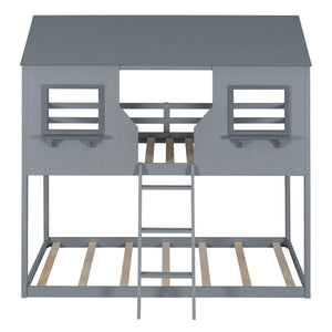 Twin Over Twin Bunk Bed With Roof, Window, Guardrail, Ladder