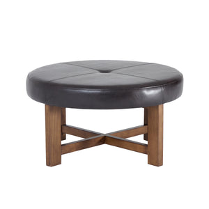 Round Leather Ottoman Coffee Table with Solid Wood Base