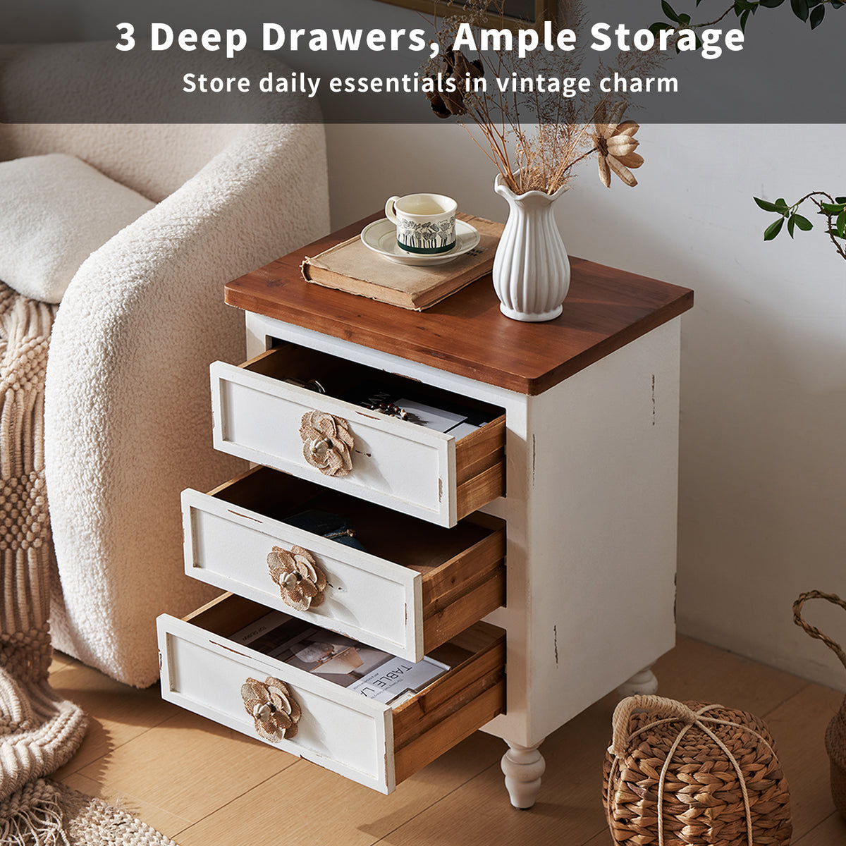 Vintage Farmhouse End Table with Floral Knobs, 19-Inch, 3-Drawer Nightstand, Antique Black