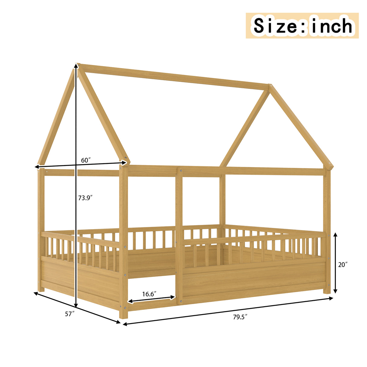 Full Size Wooden Bed with House Roof Frame