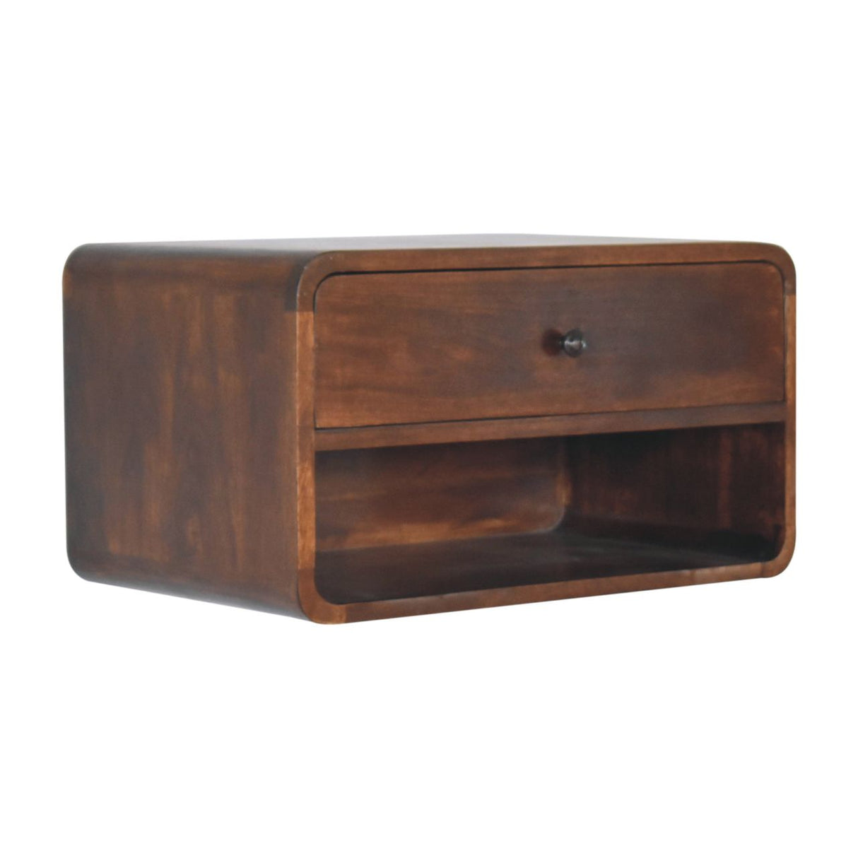 Solid Wood Large Curve Floating Bedside, 1-Drawer, 1 Open Slot, Chestnut